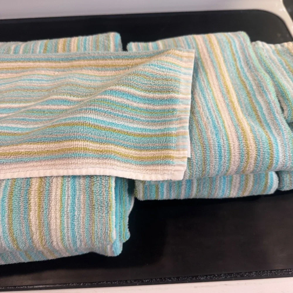 Soho Living Bath Towel Set 9 Piece Blue Green Striped 100% Cotton Coastal